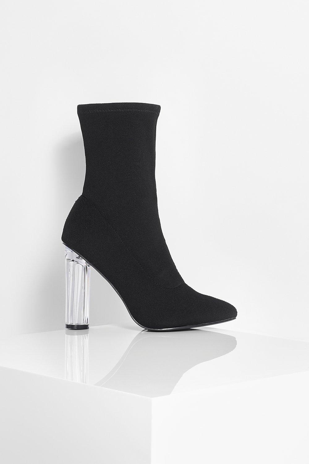 Bottes chaussettes en maille a talon carre transparent