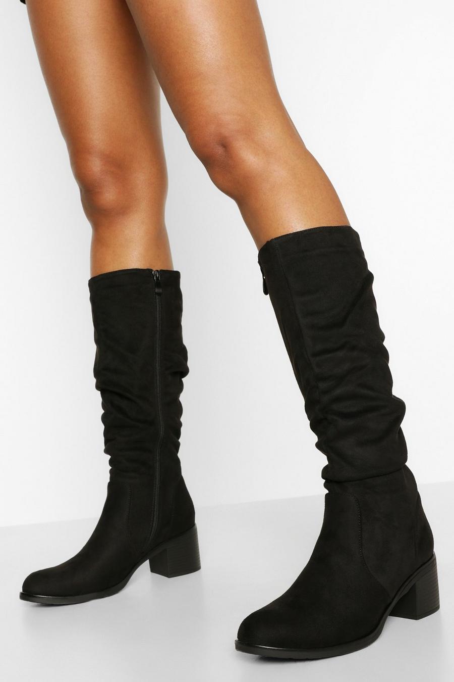 Black Low Block Heel Slouched Knee High Boots image number 1