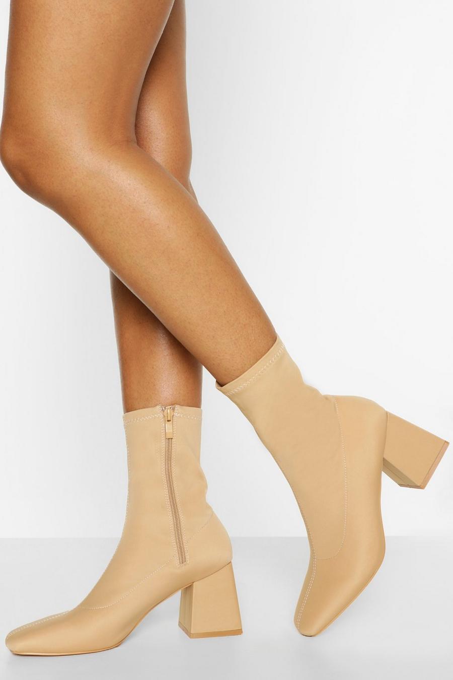 Nude Block Heel Square Toe Sock Boots image number 1