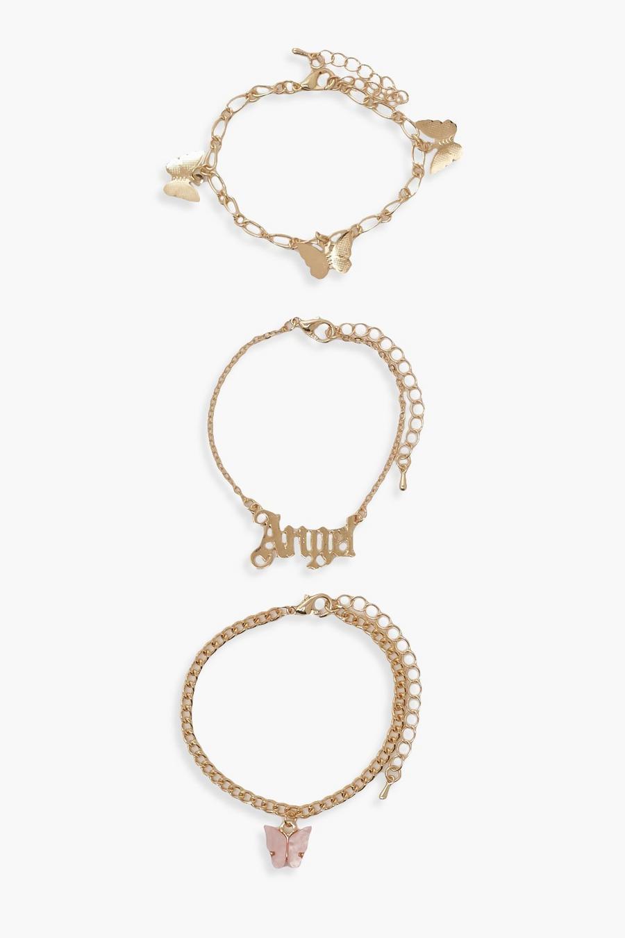 Gold Slogan And Butterfly 3 Pack Bracelets image number 1