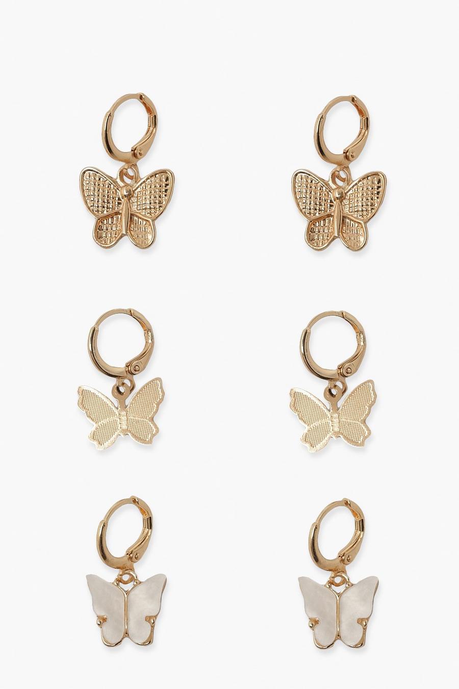 Confezione con 3 paia di orecchini con ciondolo a forma di farfalla , Oro image number 1