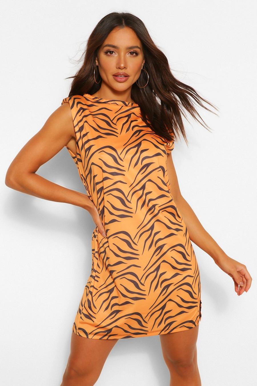 Brown Tiger Print Shoulder Pad Tee Dress image number 1