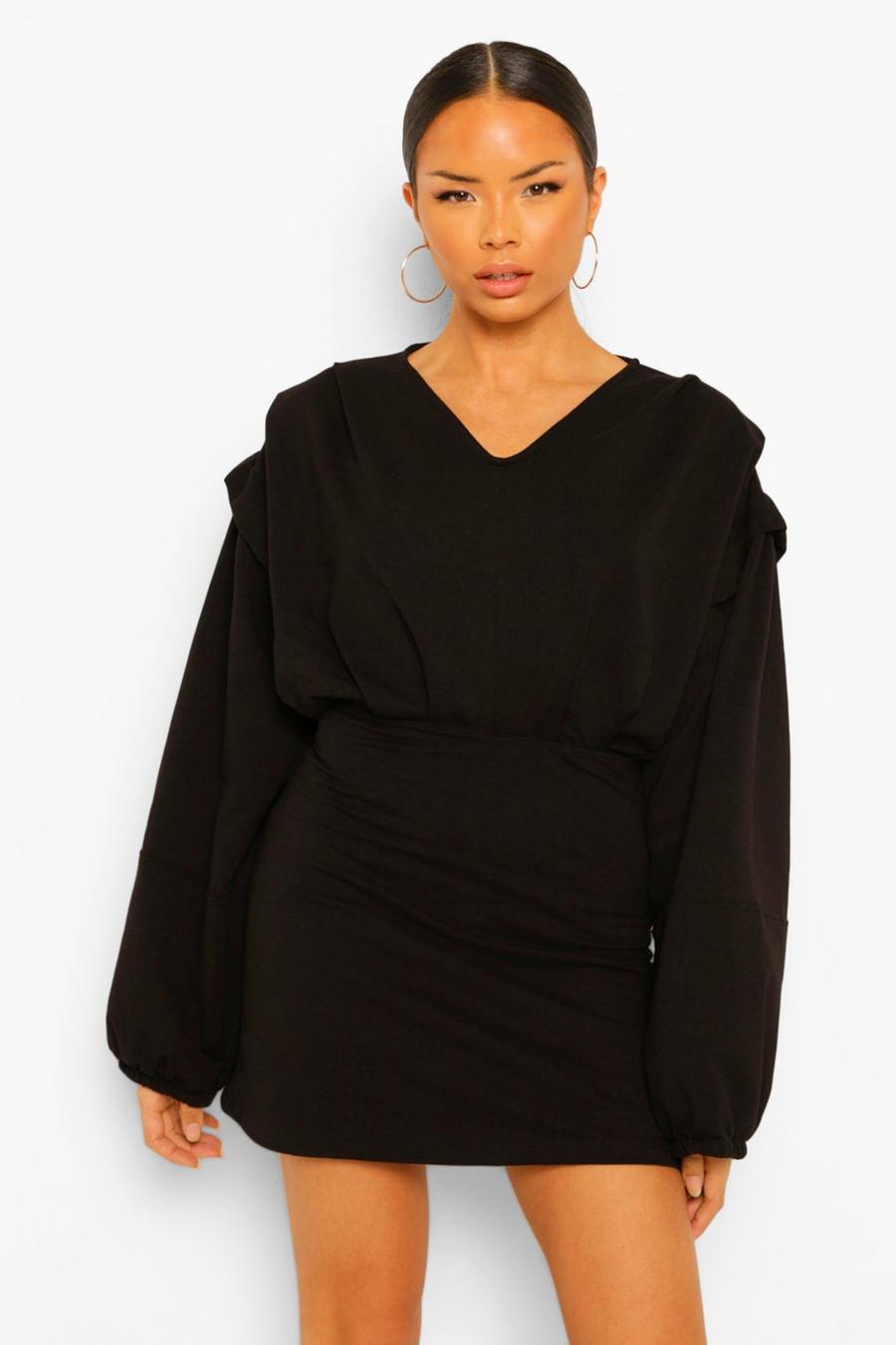 Pullover Kleid mit Ballonärmeln, Ziernaht und V-Ausschnitt, Schwarz image number 1