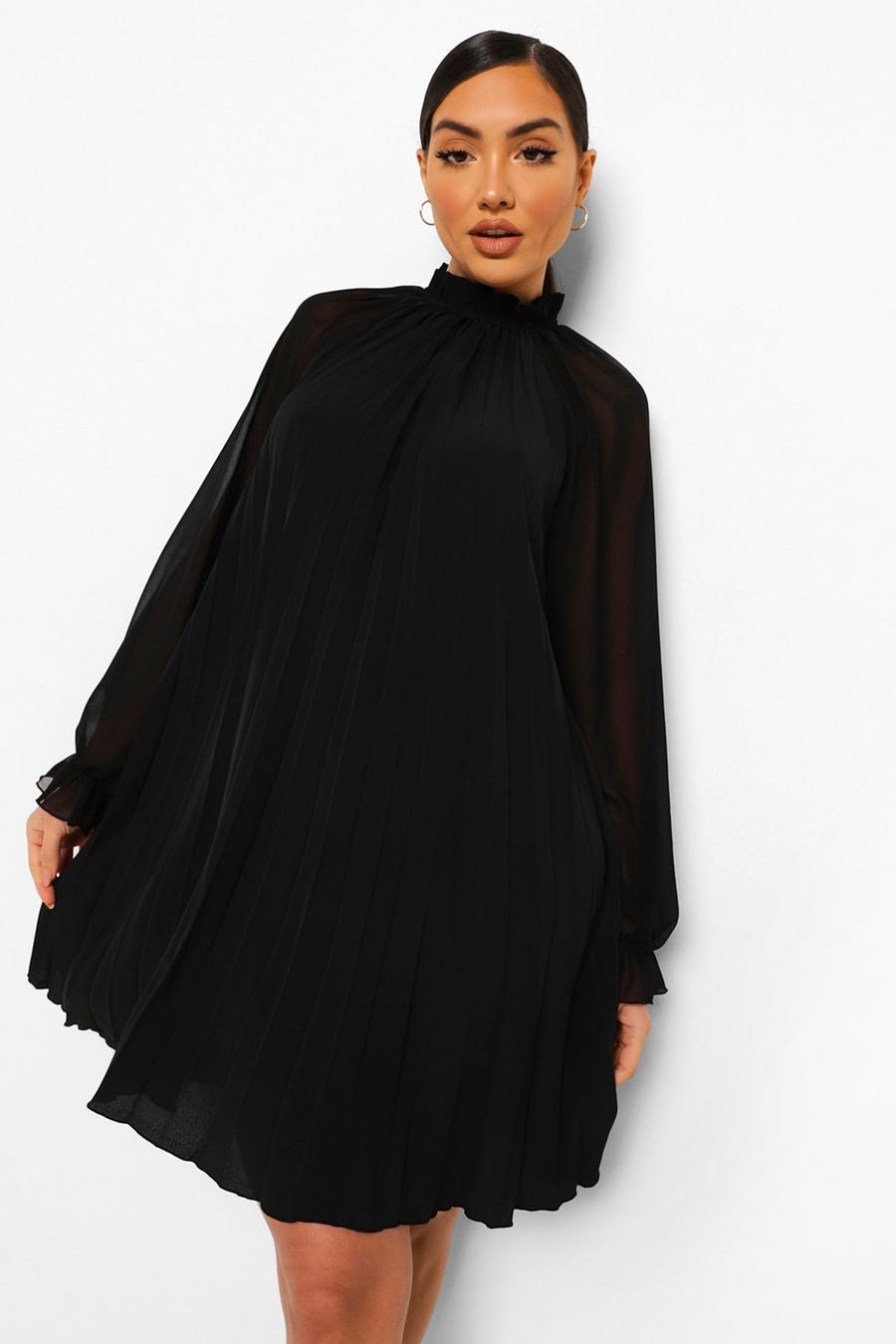 Black Plisserad swingklänning med hög krage image number 1