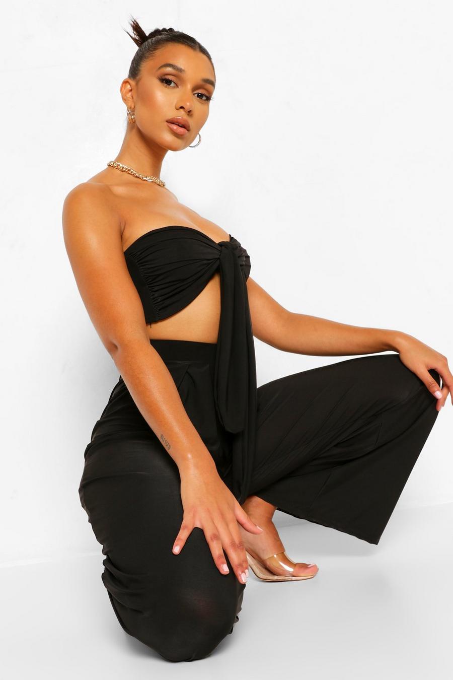 Black Tie Front Crop Top And Wide Leg Pants Co-Ord image number 1