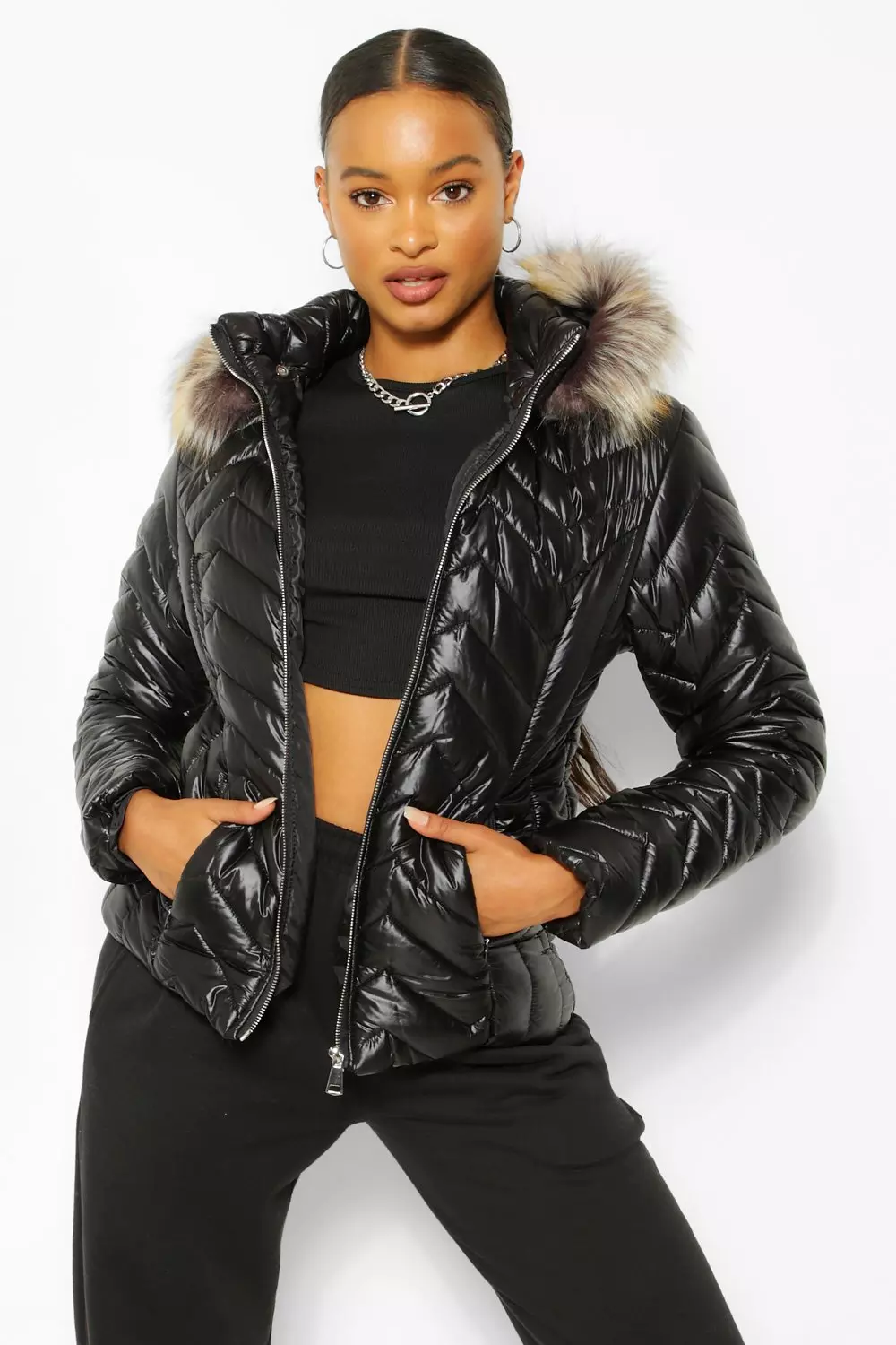 Black shiny puffer 2025 coat with fur hood