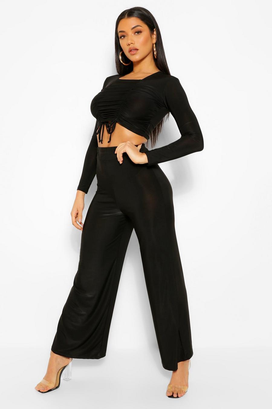 Black Slinky Ruched Top And Wide Leg Pants Two-Piece image number 1