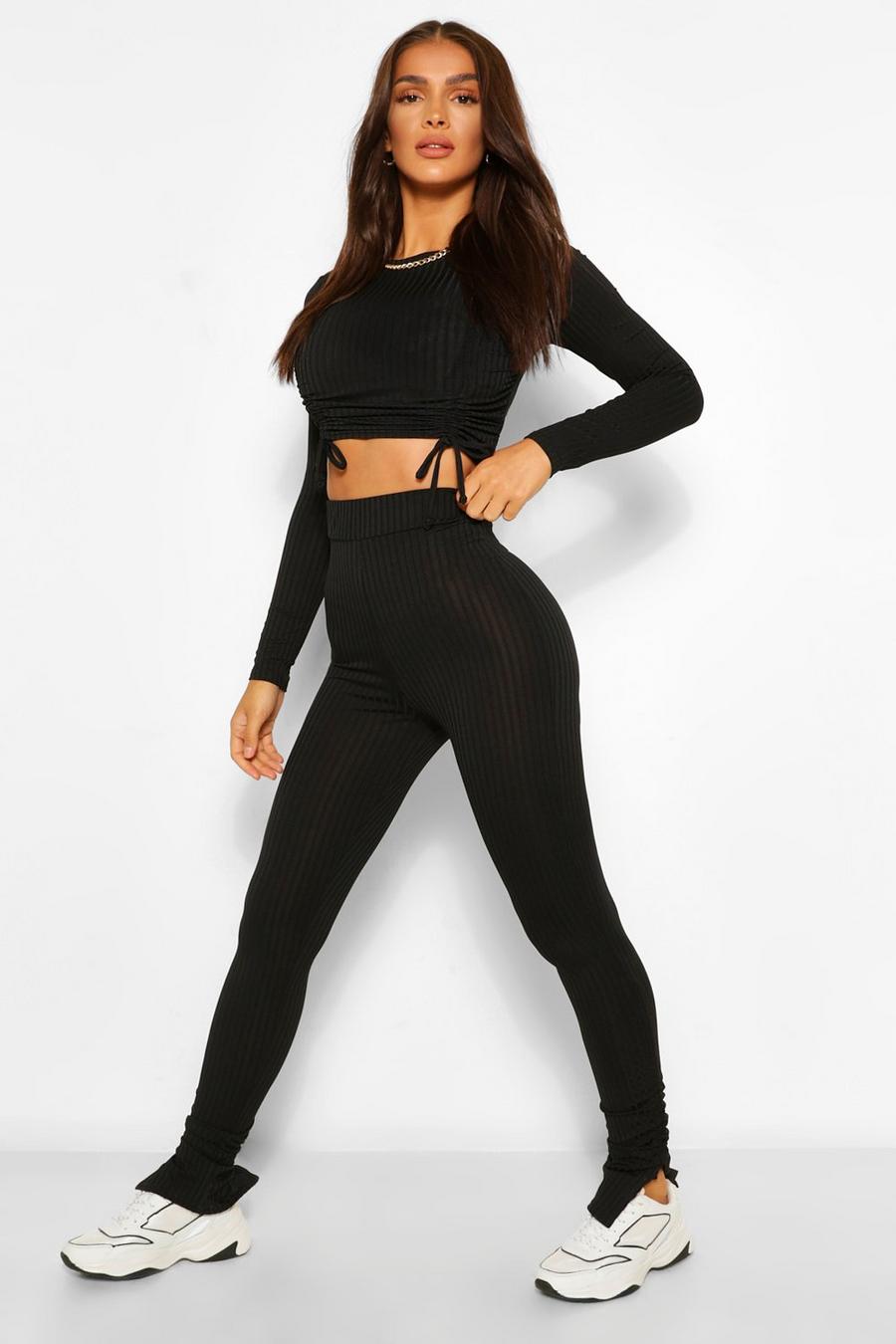 Black Rib Ruched Top and Legging Co-Ord image number 1