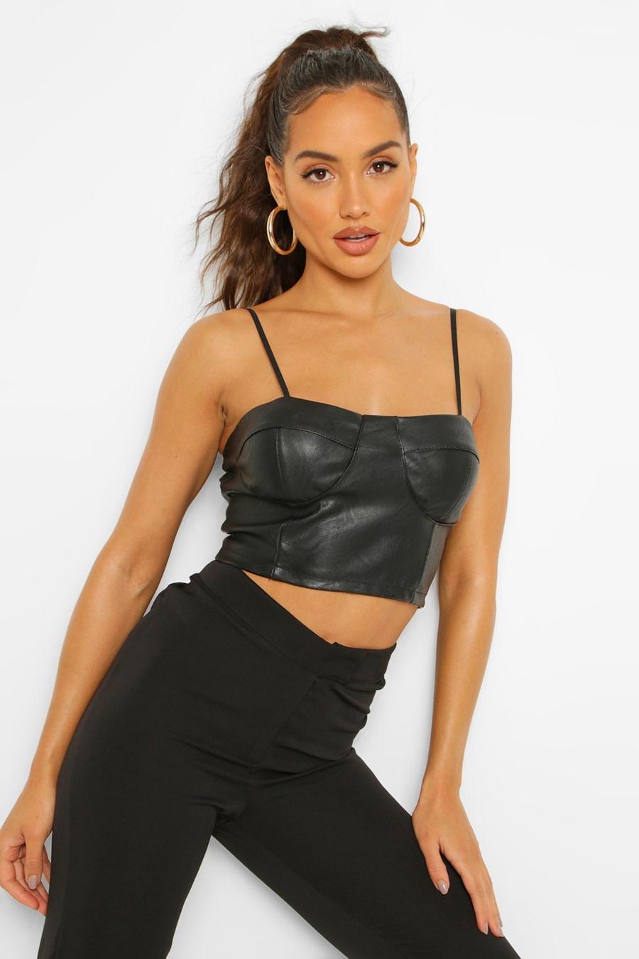 Black PU Bodice Strappy Crop Top image number 1