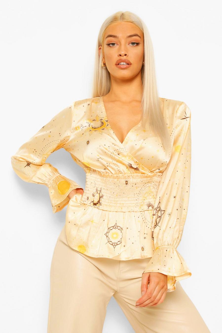 Gold Satijnen Blouse Met Geplooide Taille En Maan En Sterren image number 1