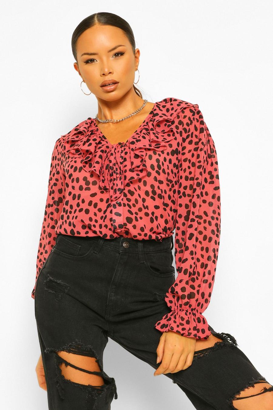 Pink Woven Animal Ruffle Blouse image number 1