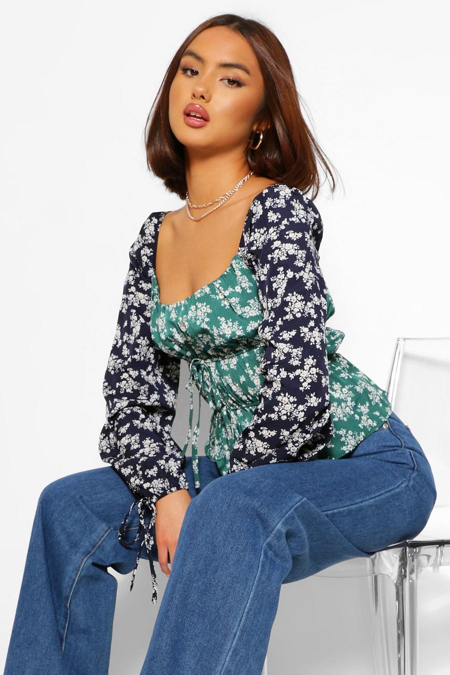 Green Mixed Floral Print Long Sleeve Blouse image number 1