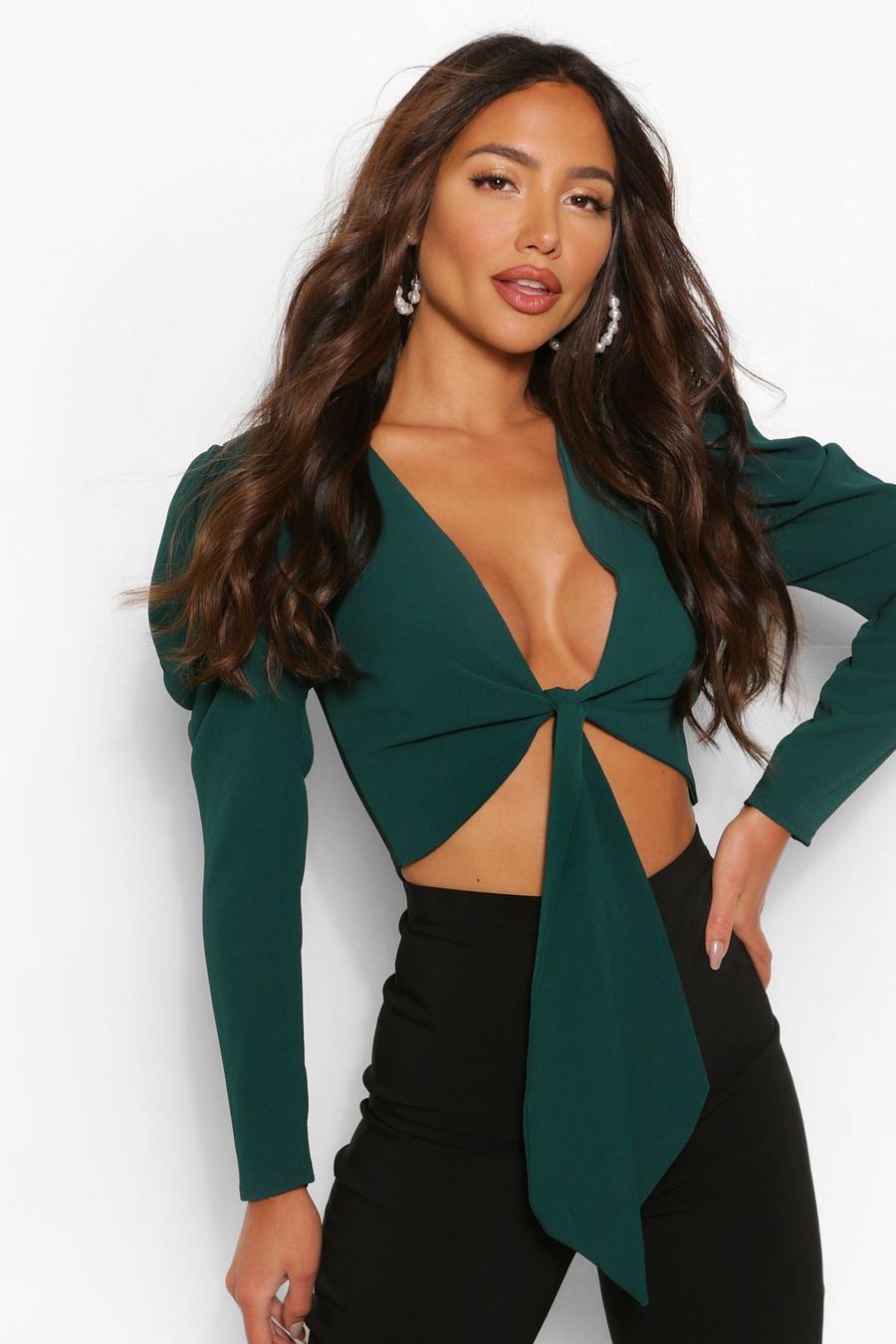 Emerald Crepe Puff Sleeve Tie Front Top image number 1