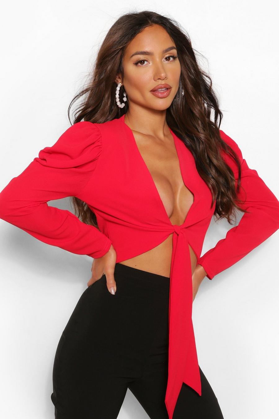 Red Crepe Puff Sleeve Tie Front Top image number 1