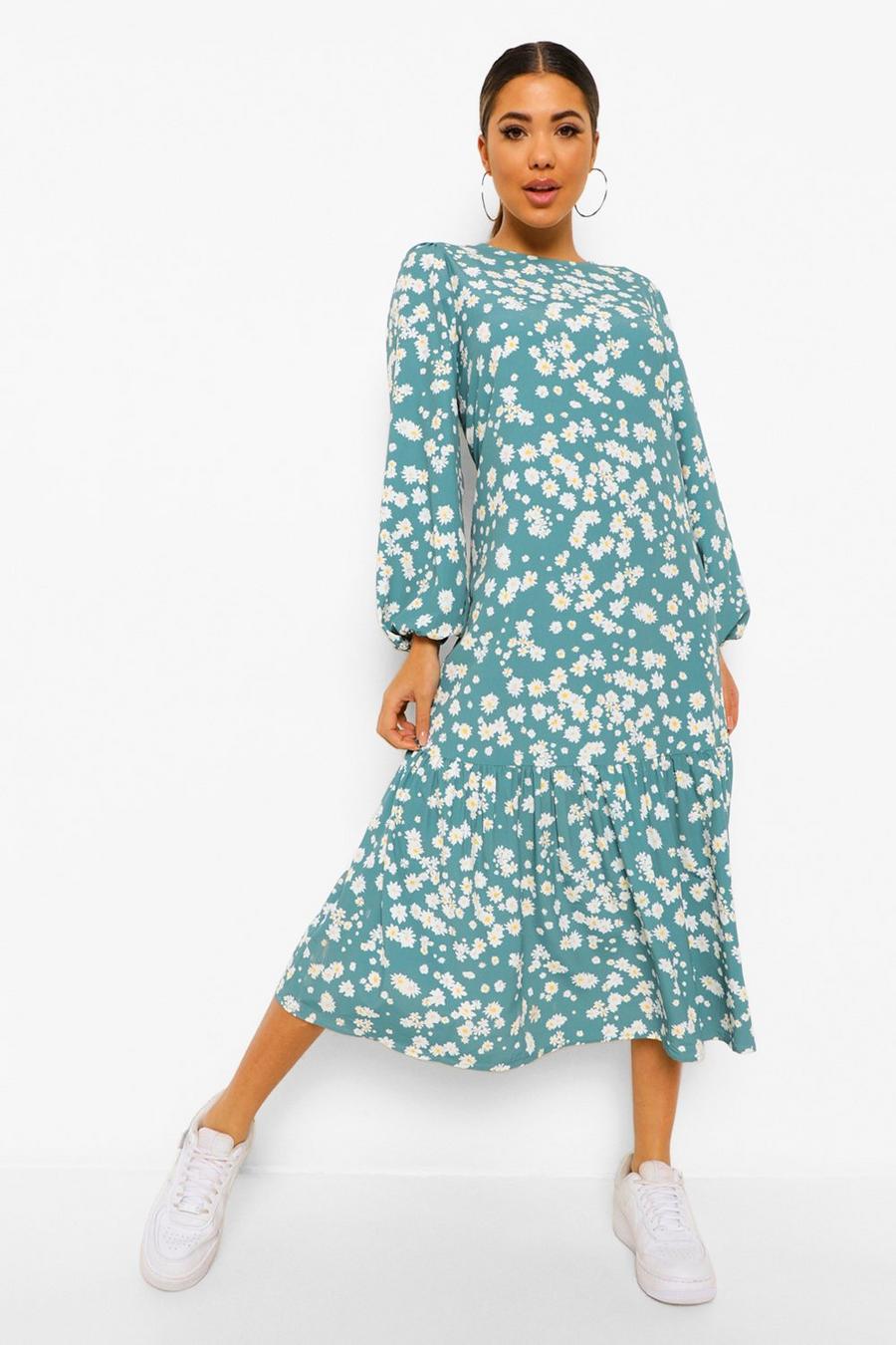 Green Ditsy Floral Balloon Sleeve Midaxi Dress image number 1