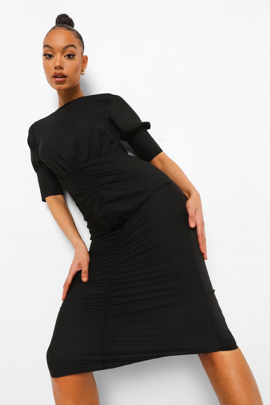 Black Ruched Puff Sleeve Midaxi Dress image number 1