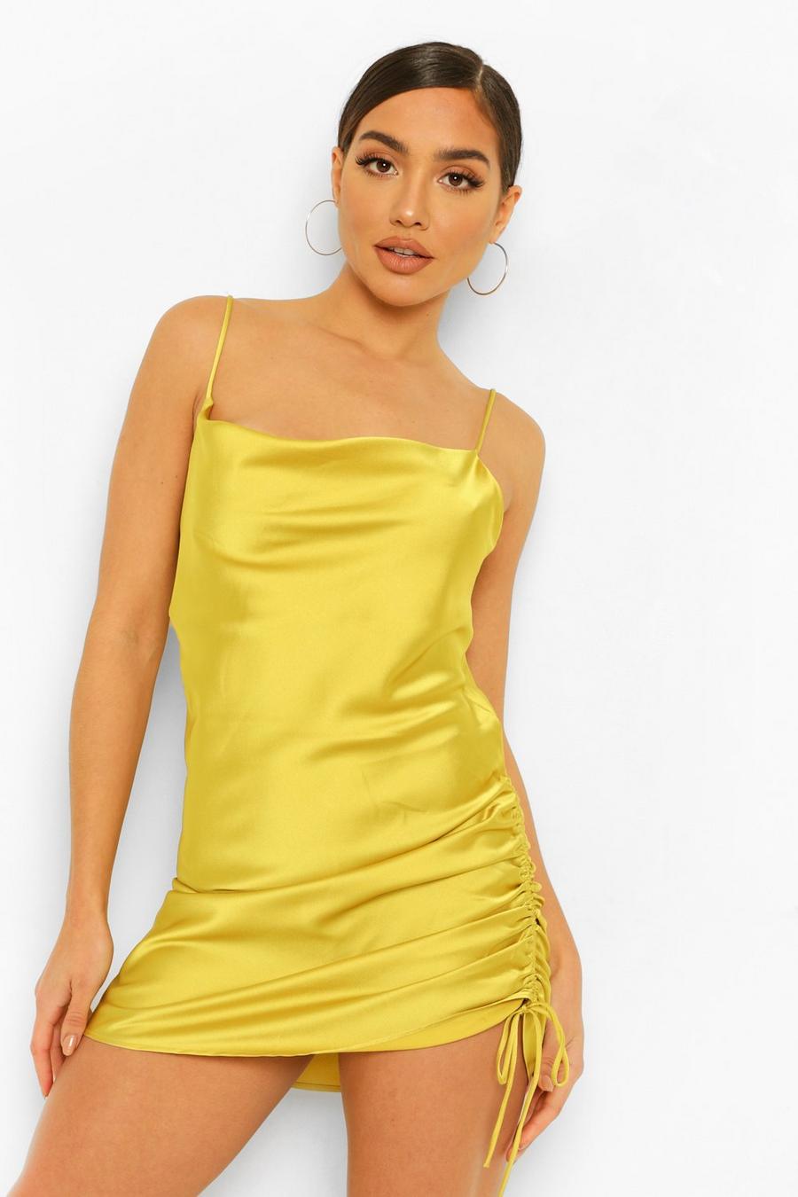 Chartreuse Satin Ruched Mini Dress image number 1