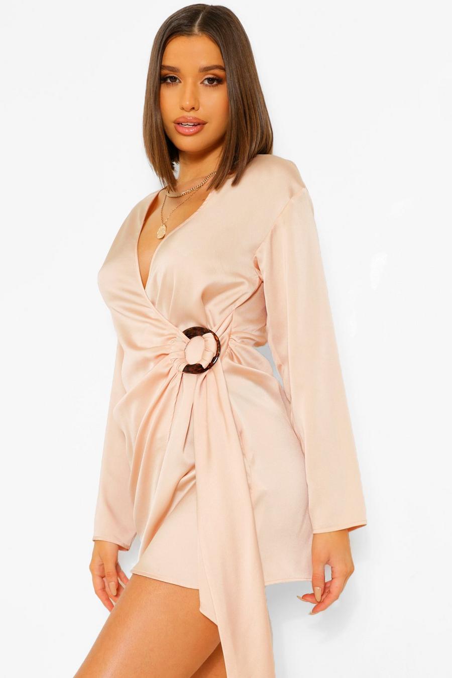 Champagne Satin Wrap Shirt Style Dress image number 1