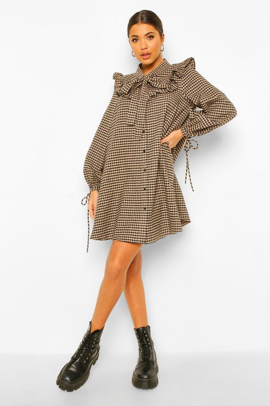 Brown Ruffle Pussybow Gingham Smock Dress image number 1