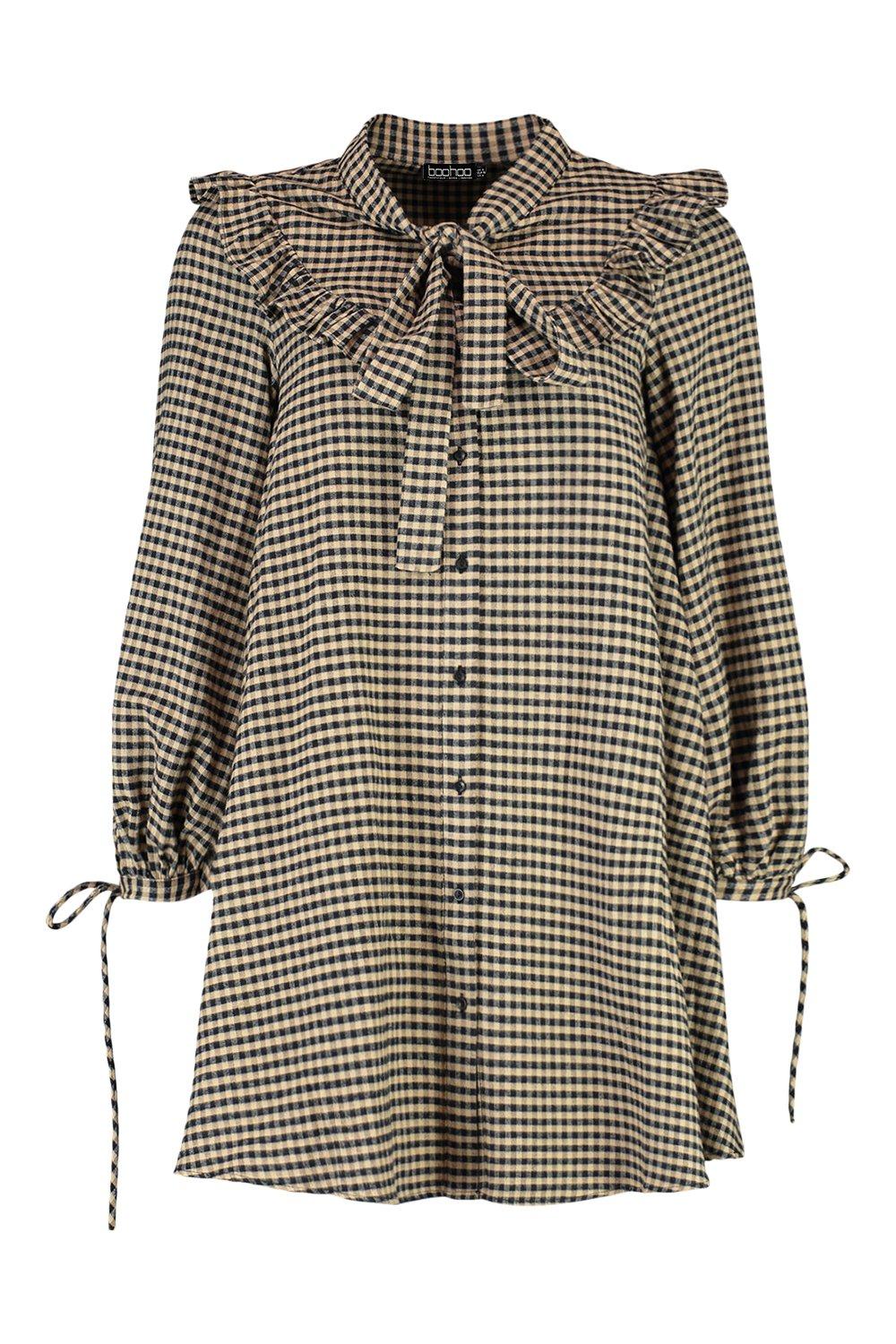 Ruffle Pussybow Gingham Smock Dress | boohoo