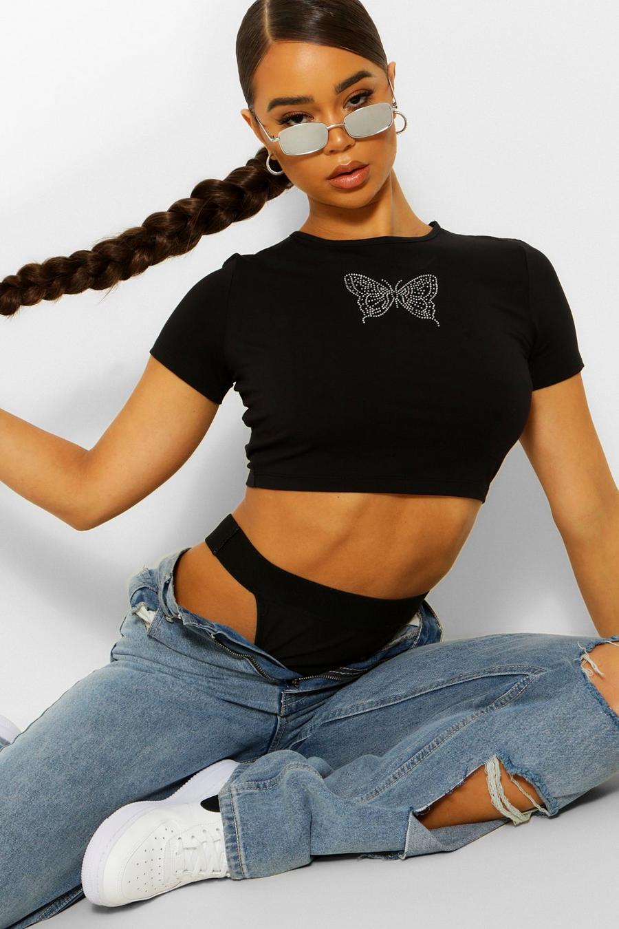 Camiseta corta con mariposas en diamantes, Negro image number 1