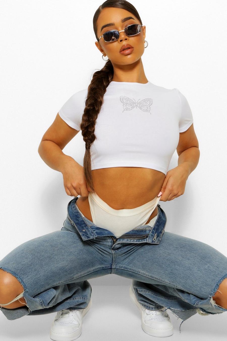 White Butterfly Diamante Cropped T-Shirt image number 1