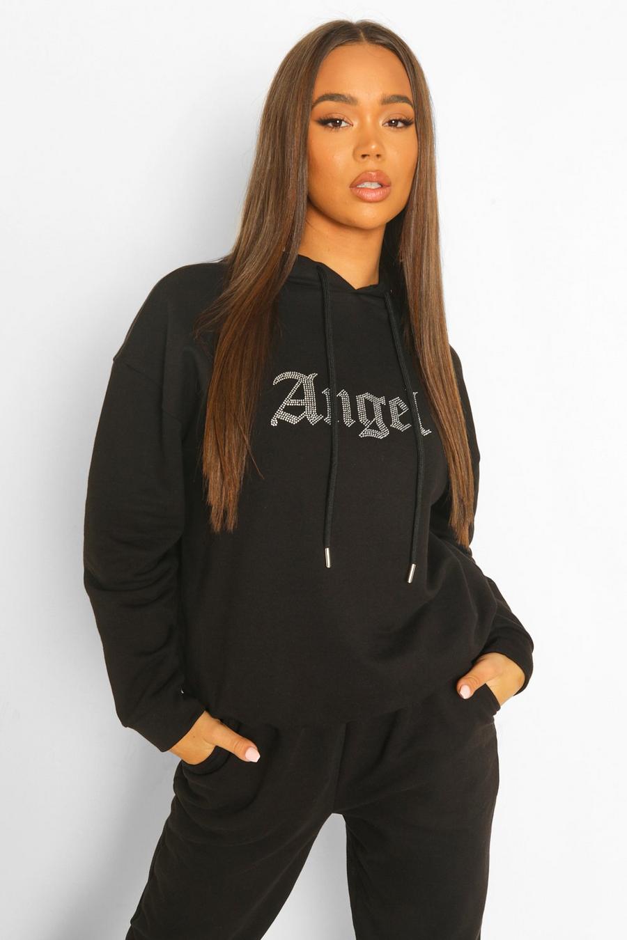 Black "Angel" Oversize hoodie med strass image number 1