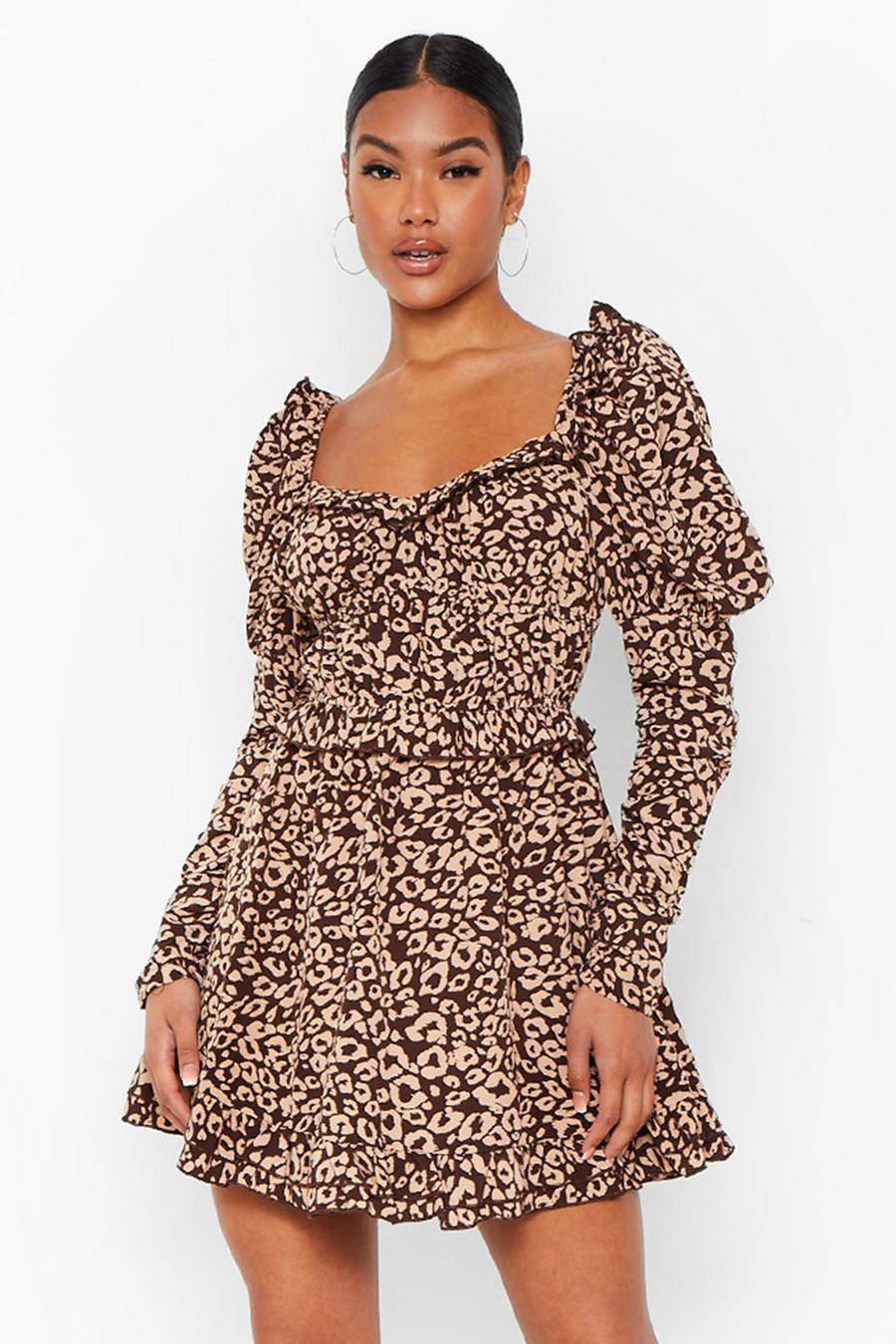 Brown Leopard Print Ruched Bodice Skater Dress image number 1