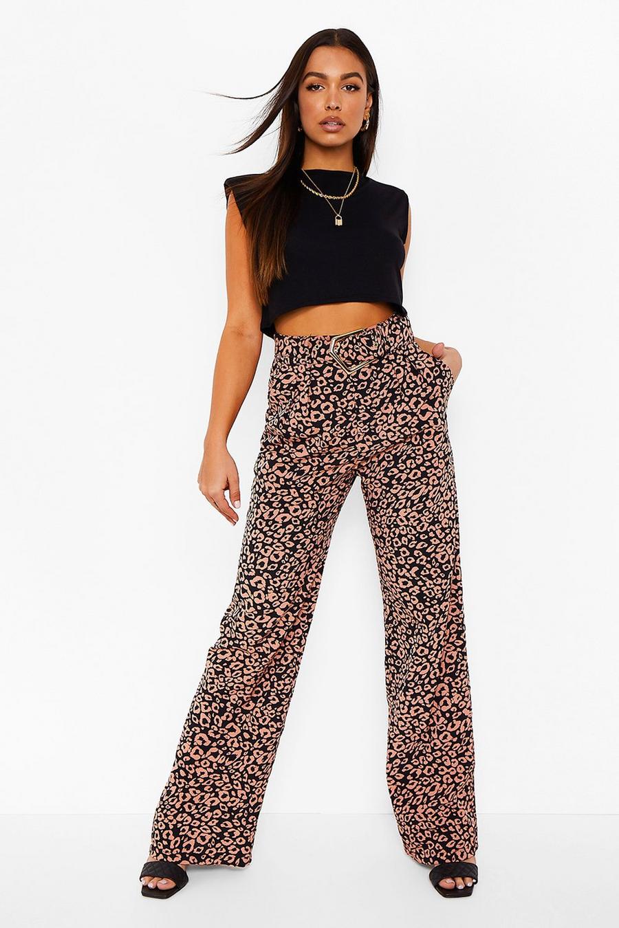 Rust Leopard Print Belted Wide Leg Trousers image number 1