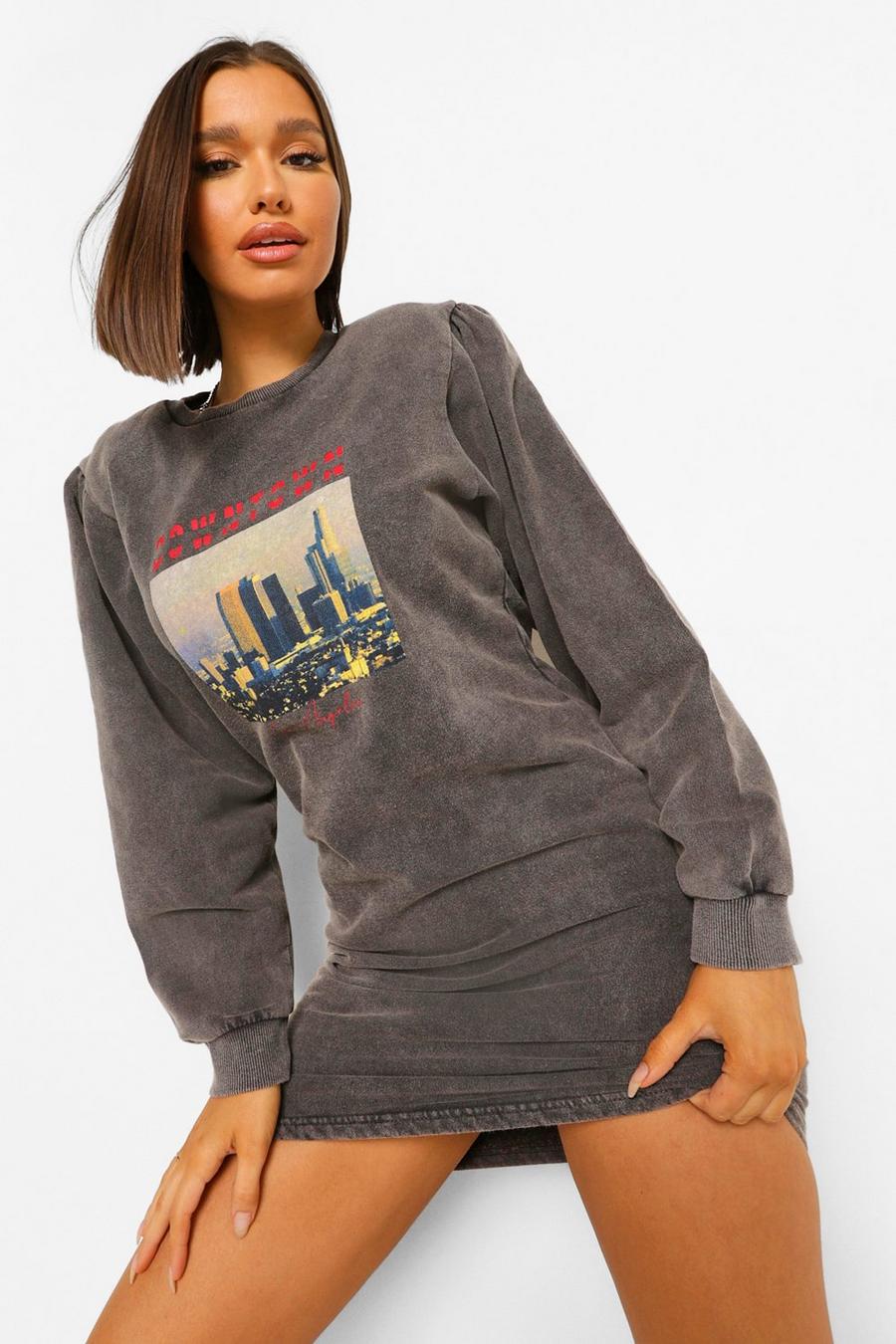 Charcoal Stentvättad sweatshirtklänning med grafiskt tryck och volymärm image number 1
