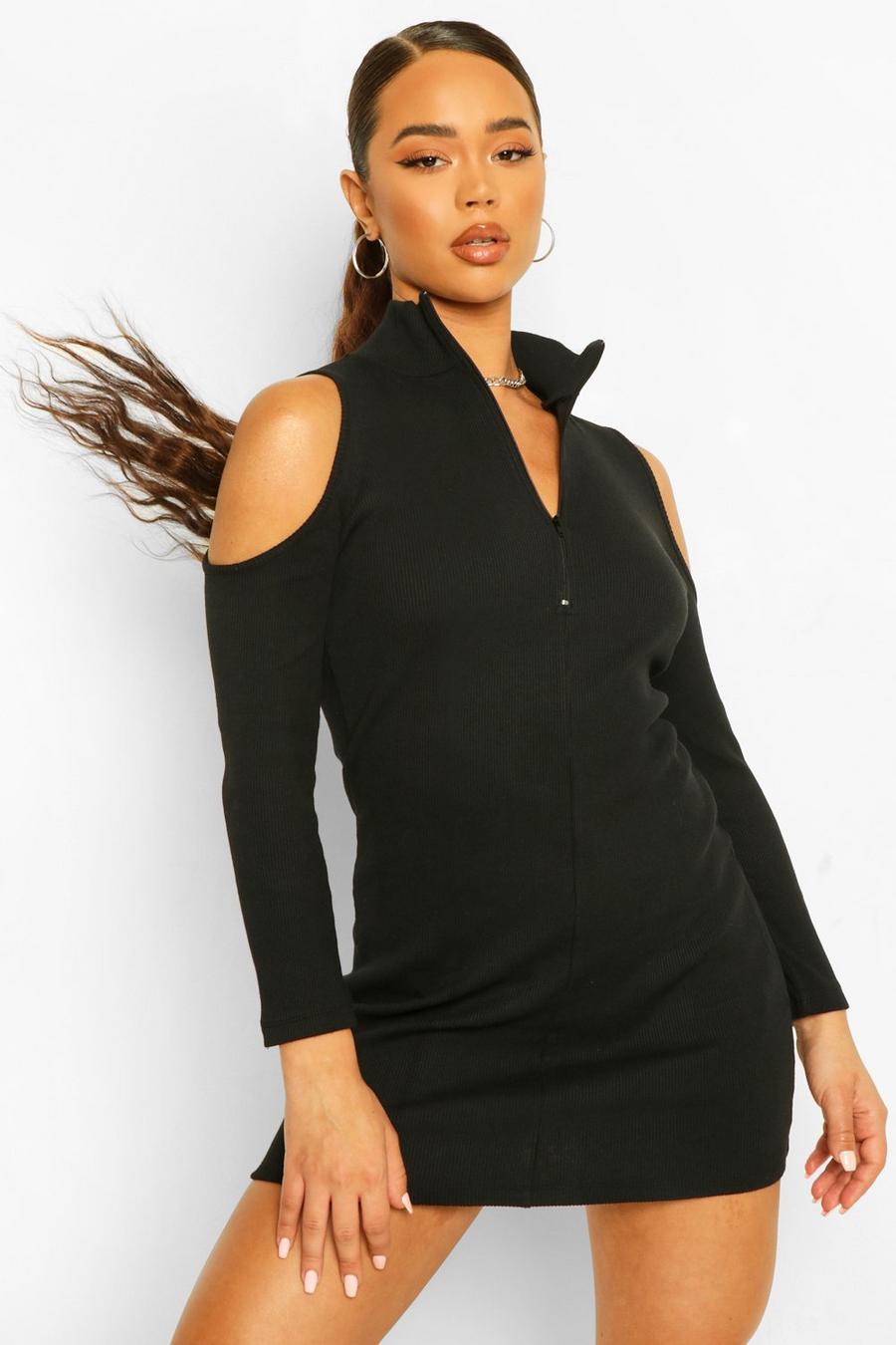 Black Premium Rib High Neck Zip Cold Shoulder Mini Dress image number 1