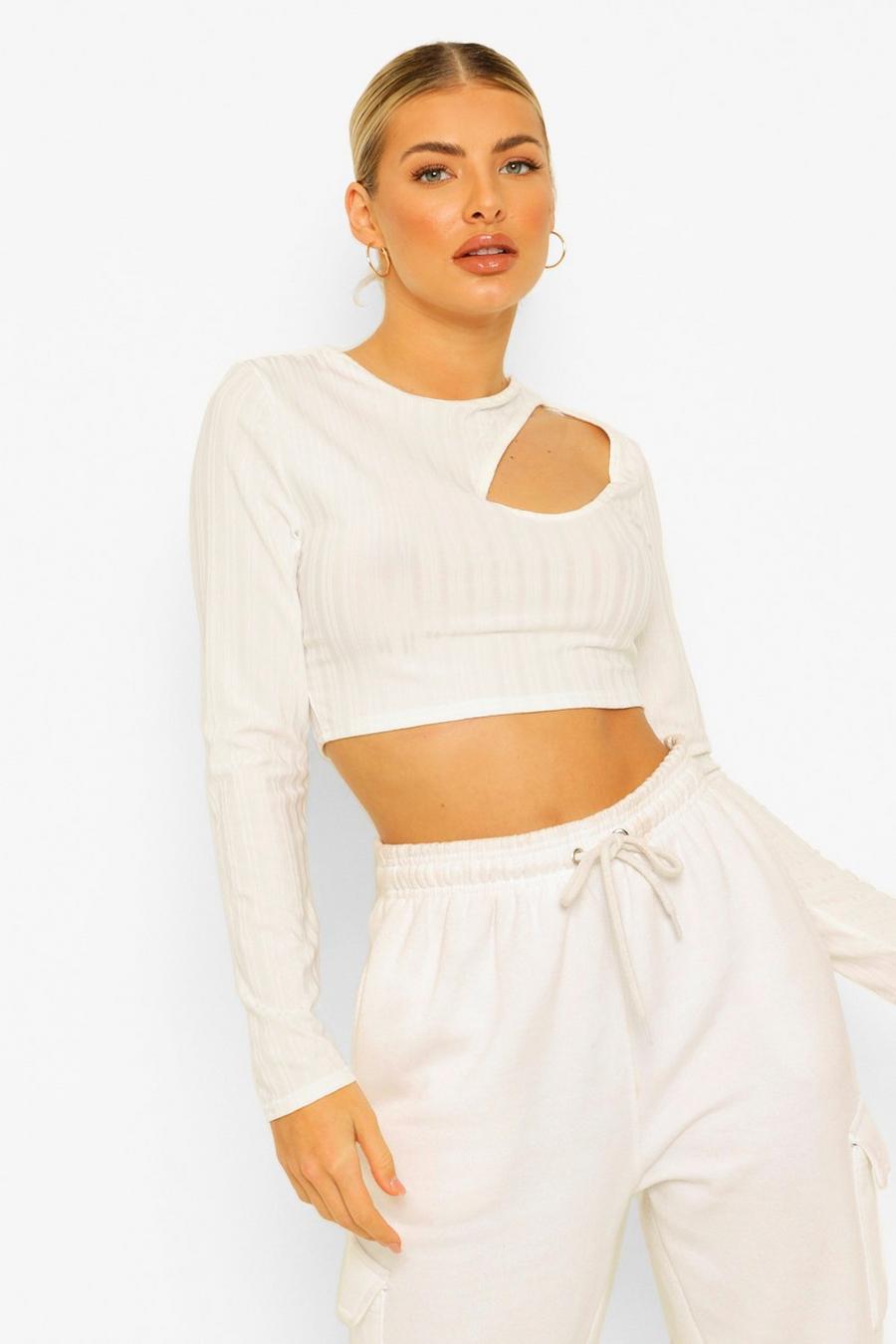 White Cut Out Detail Long Sleeve Top image number 1