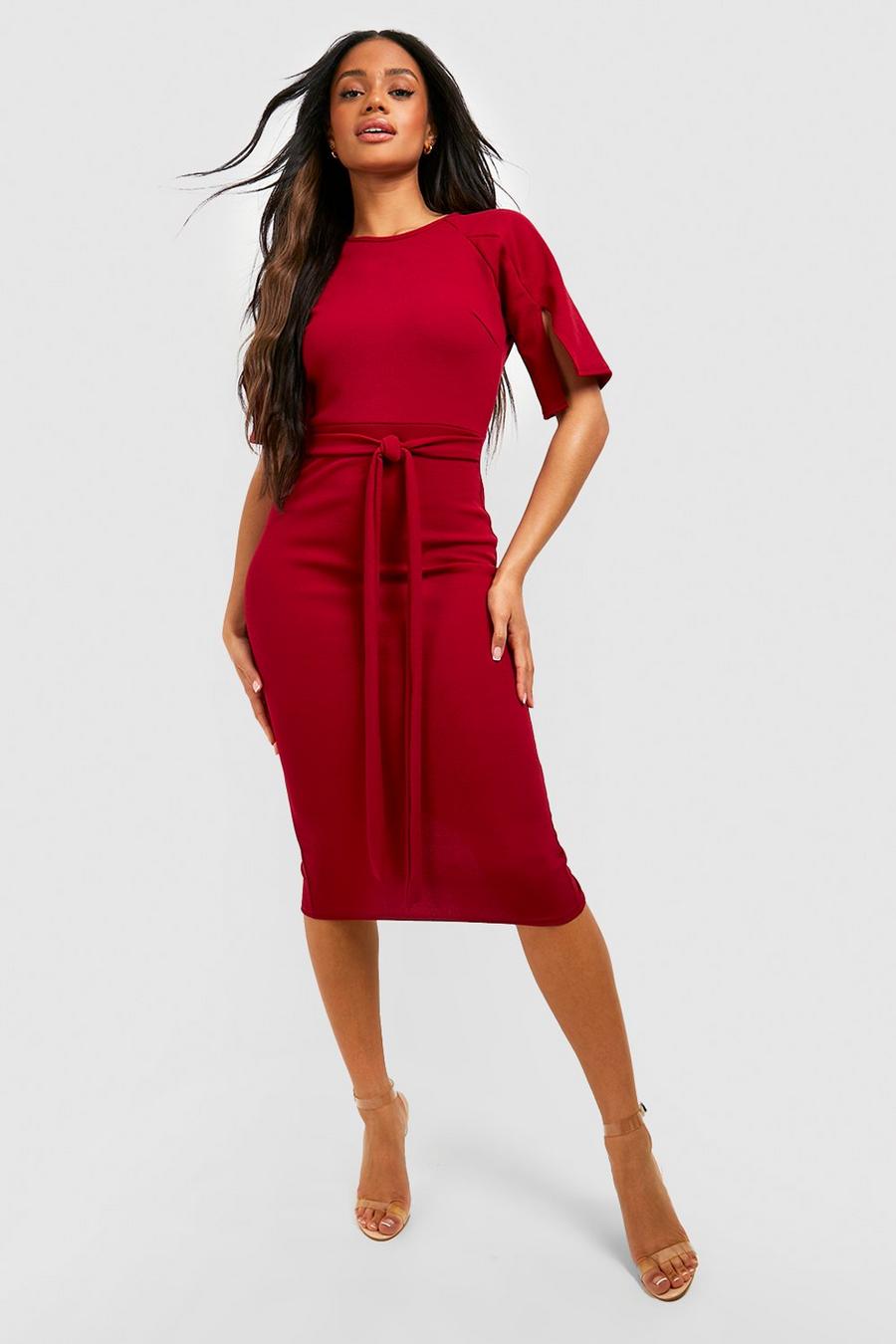 Berry Split Sleeve Detail Wiggle Midi Dress image number 1