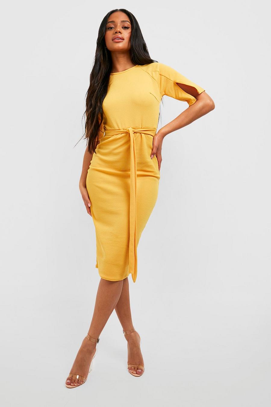 Mustard Split Sleeve Detail Wiggle Midi Dress image number 1