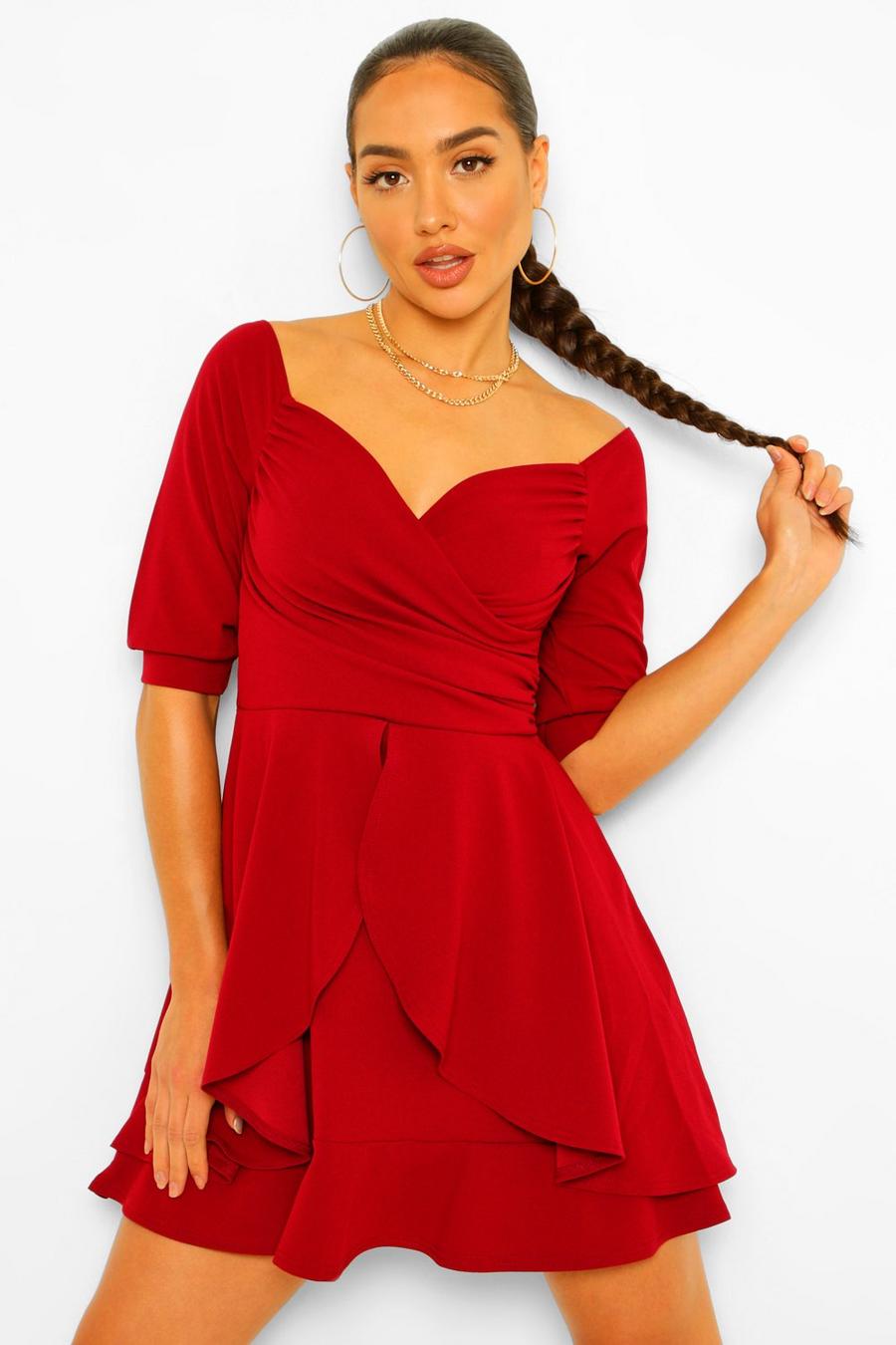 Berry Ruffle Detail Wrap Skater Dress image number 1