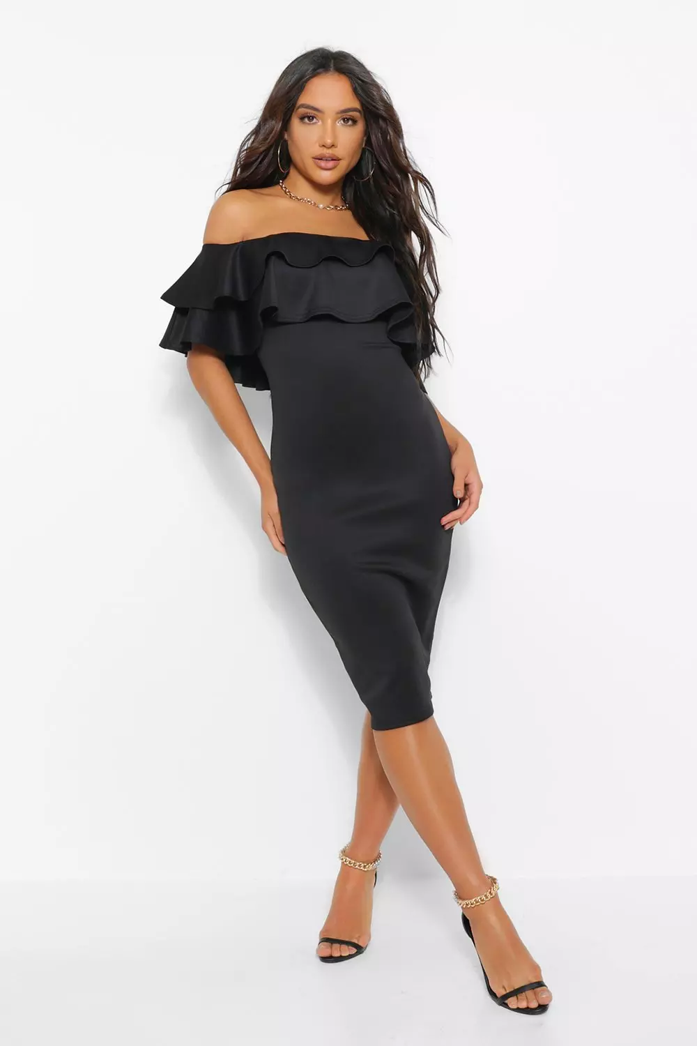 Bardot frill hot sale midi dress