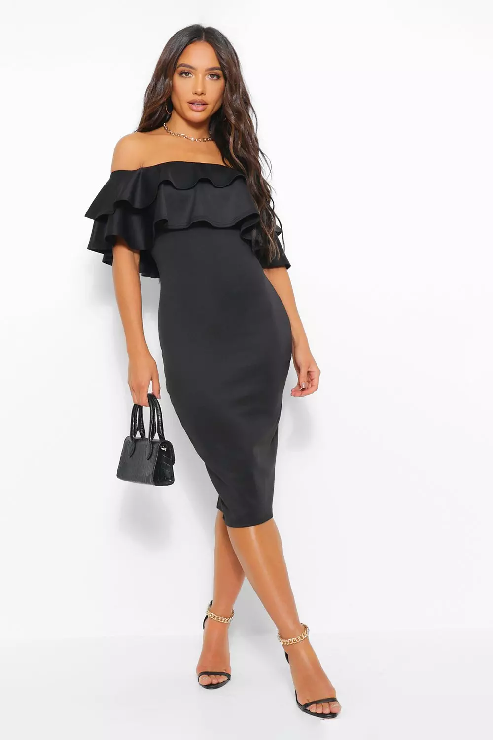 Bardot Layered Frill Detail Midi Dress