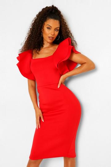 Red Bonded Scuba Ruffle Sleeve Midi Dress