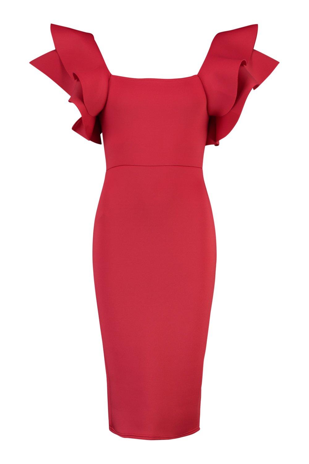 Bonded Scuba Ruffle Sleeve Midi Dress