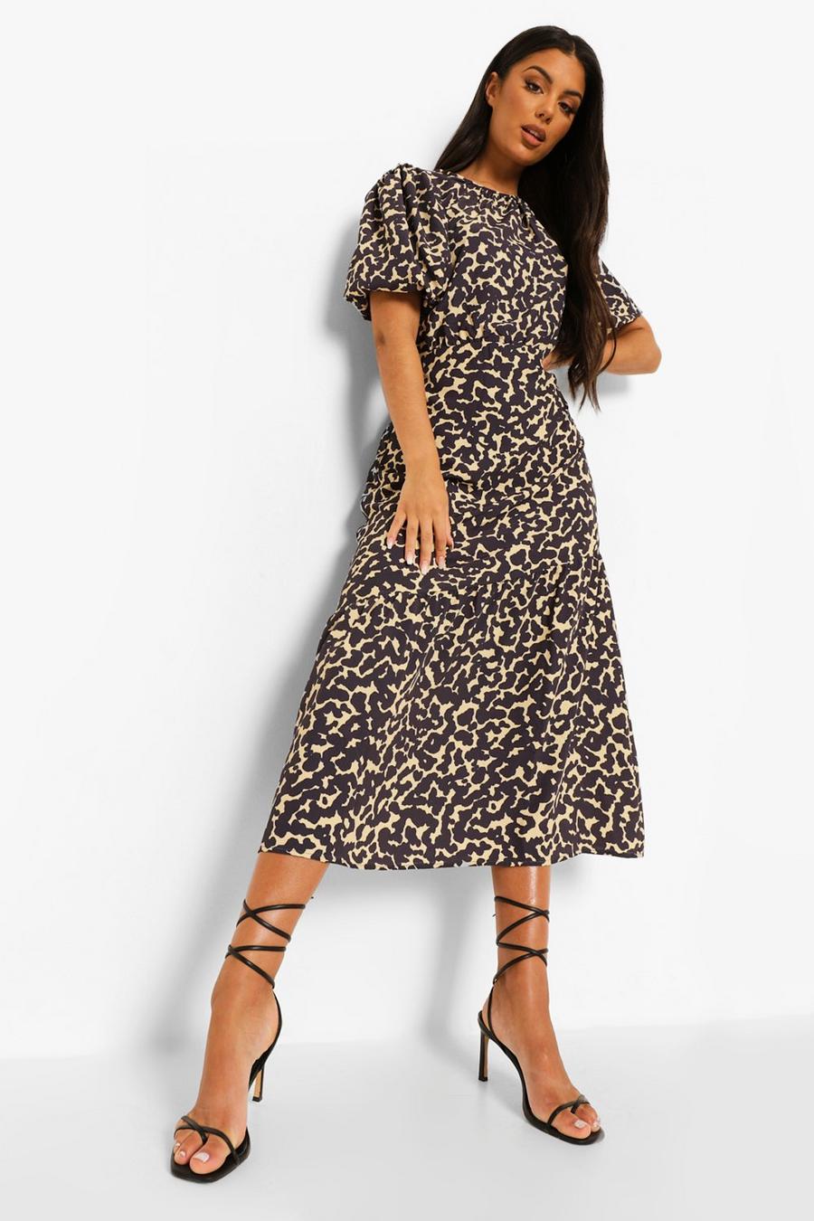Mocha Leopard Puff Sleeve Drop Hem Midi Dress image number 1