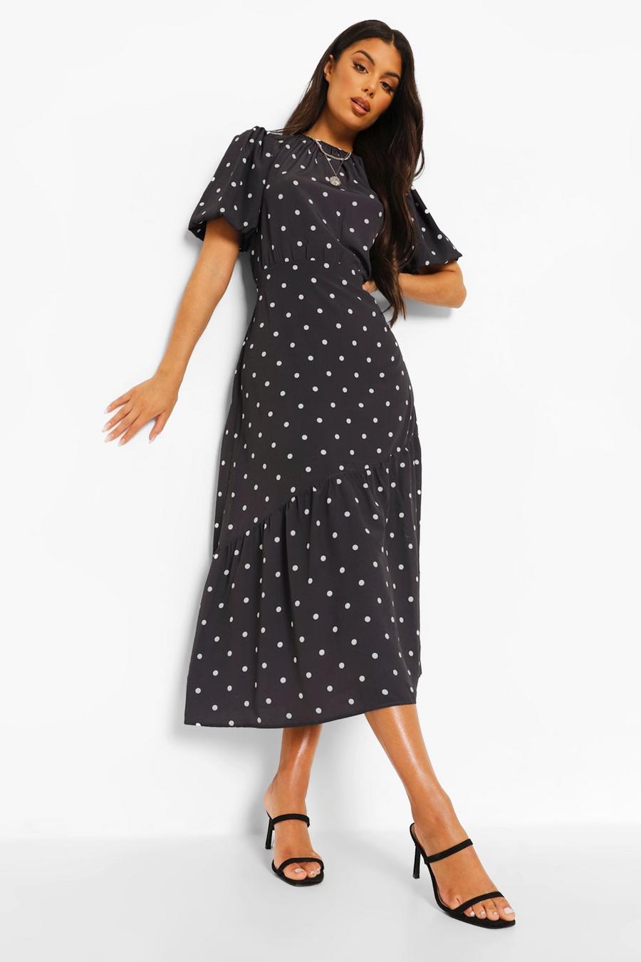 Black Polka Dot Puff Sleeve Midi Dress image number 1