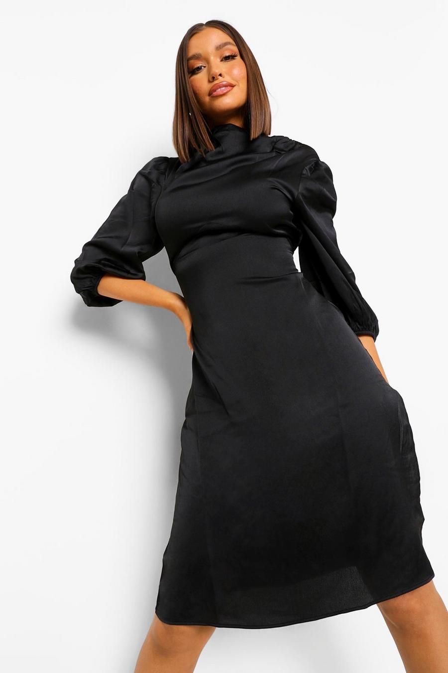 Black High Neck Satin Midi Dress image number 1