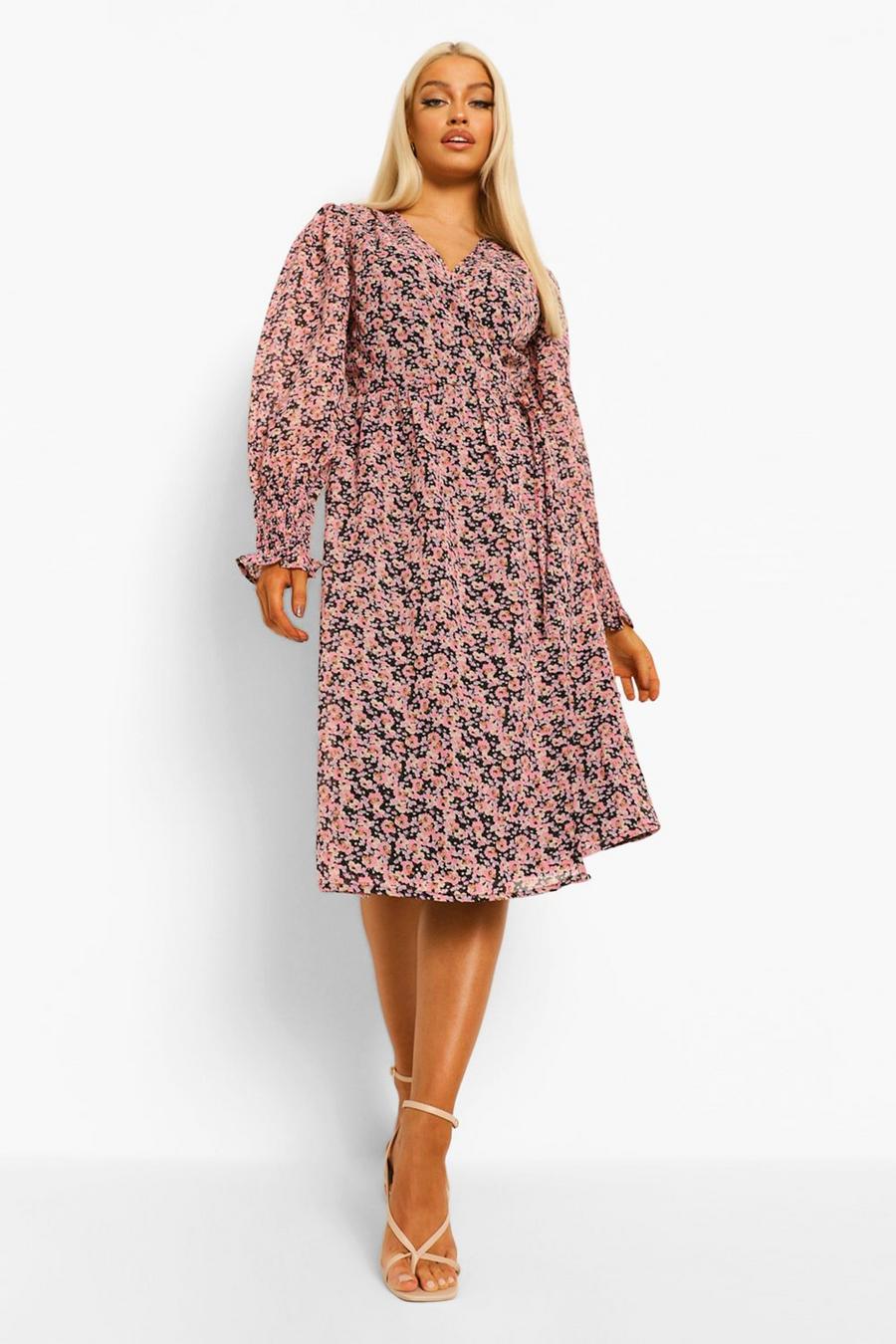 Pink Ditsy Floral Shirred Sleeve Sleeve Wrap Midi Dress image number 1
