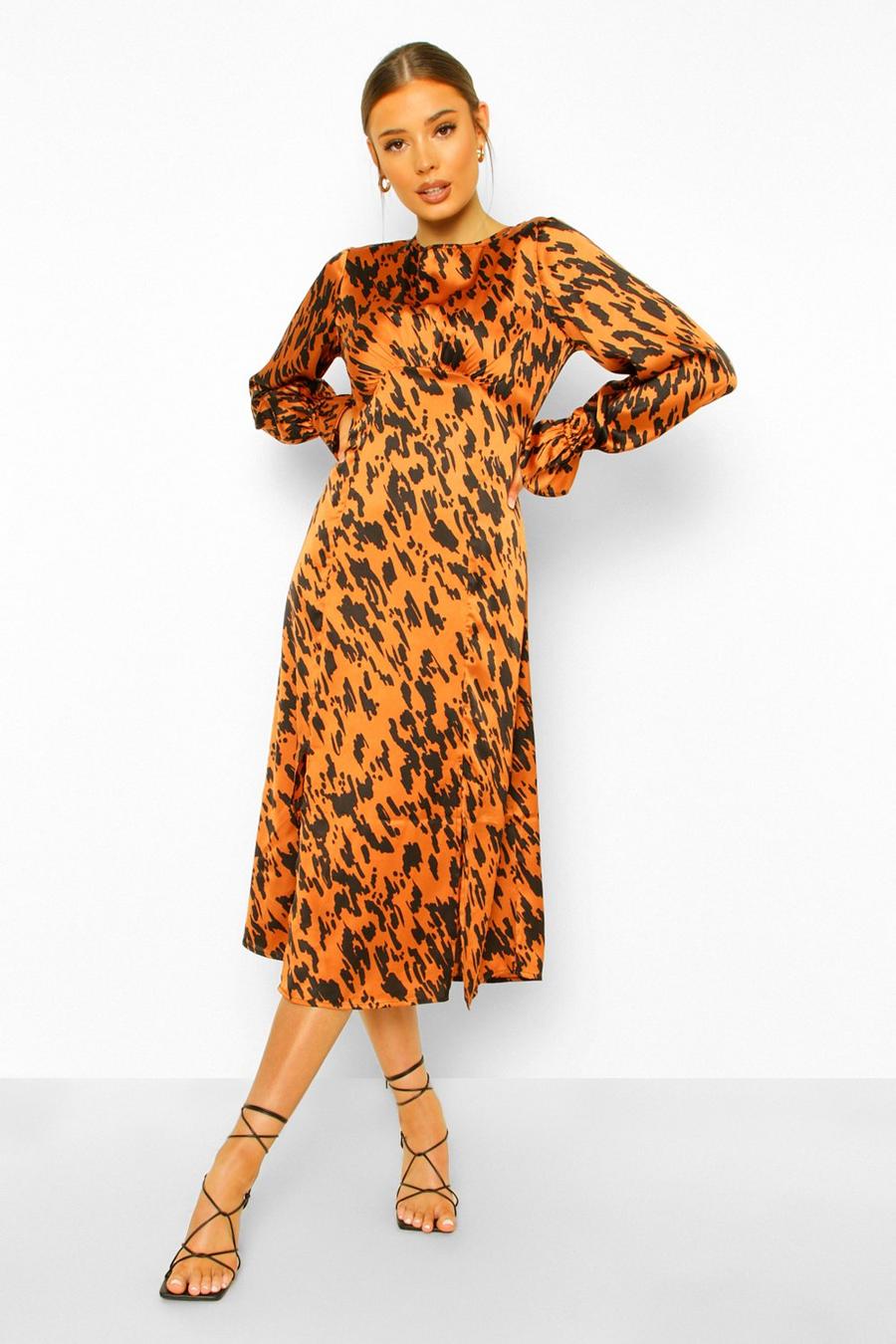 Tan brown Satin Leopard Curved Seam Midi Dress image number 1