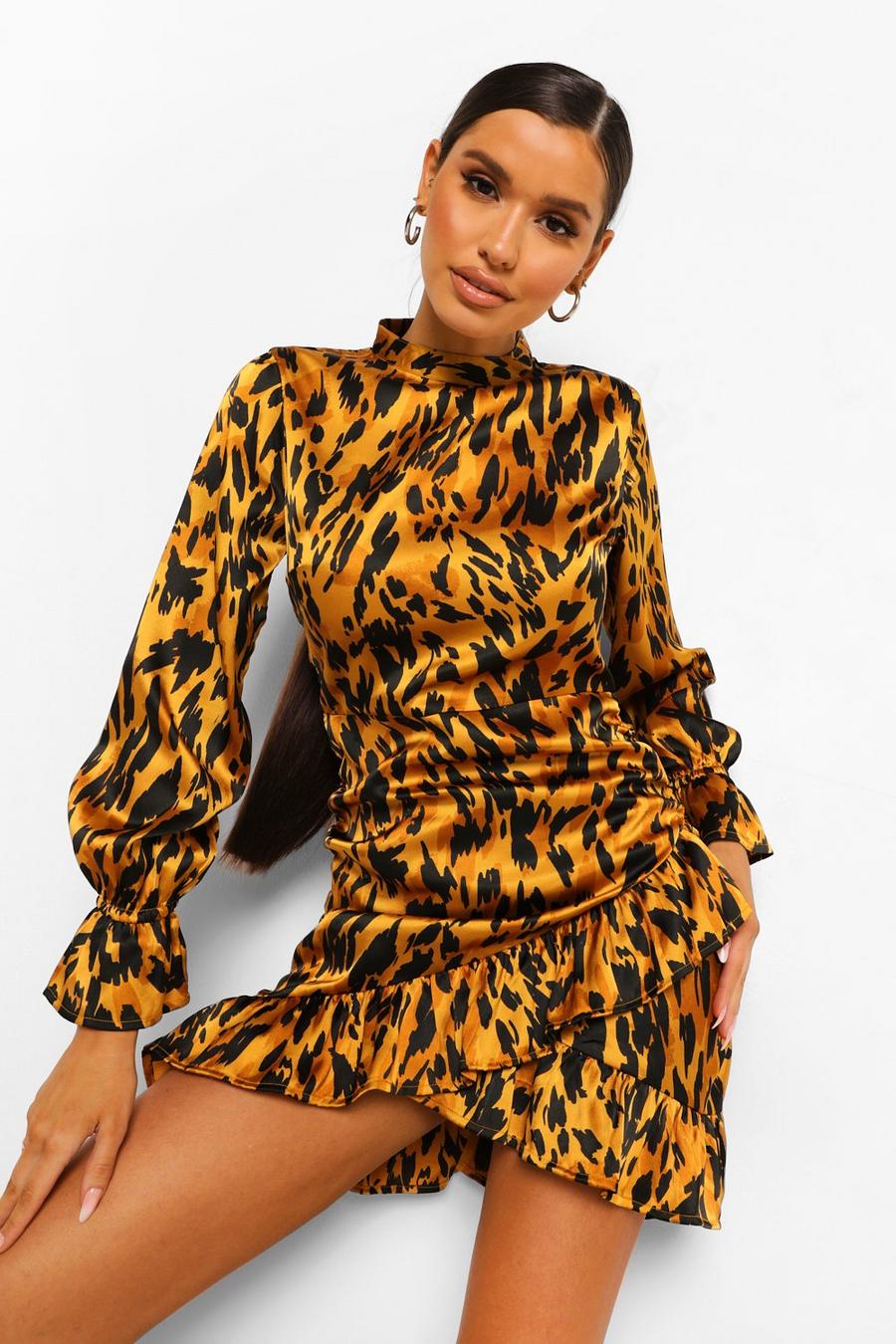 Tan Leopard Rouche Frill Mini Dress image number 1