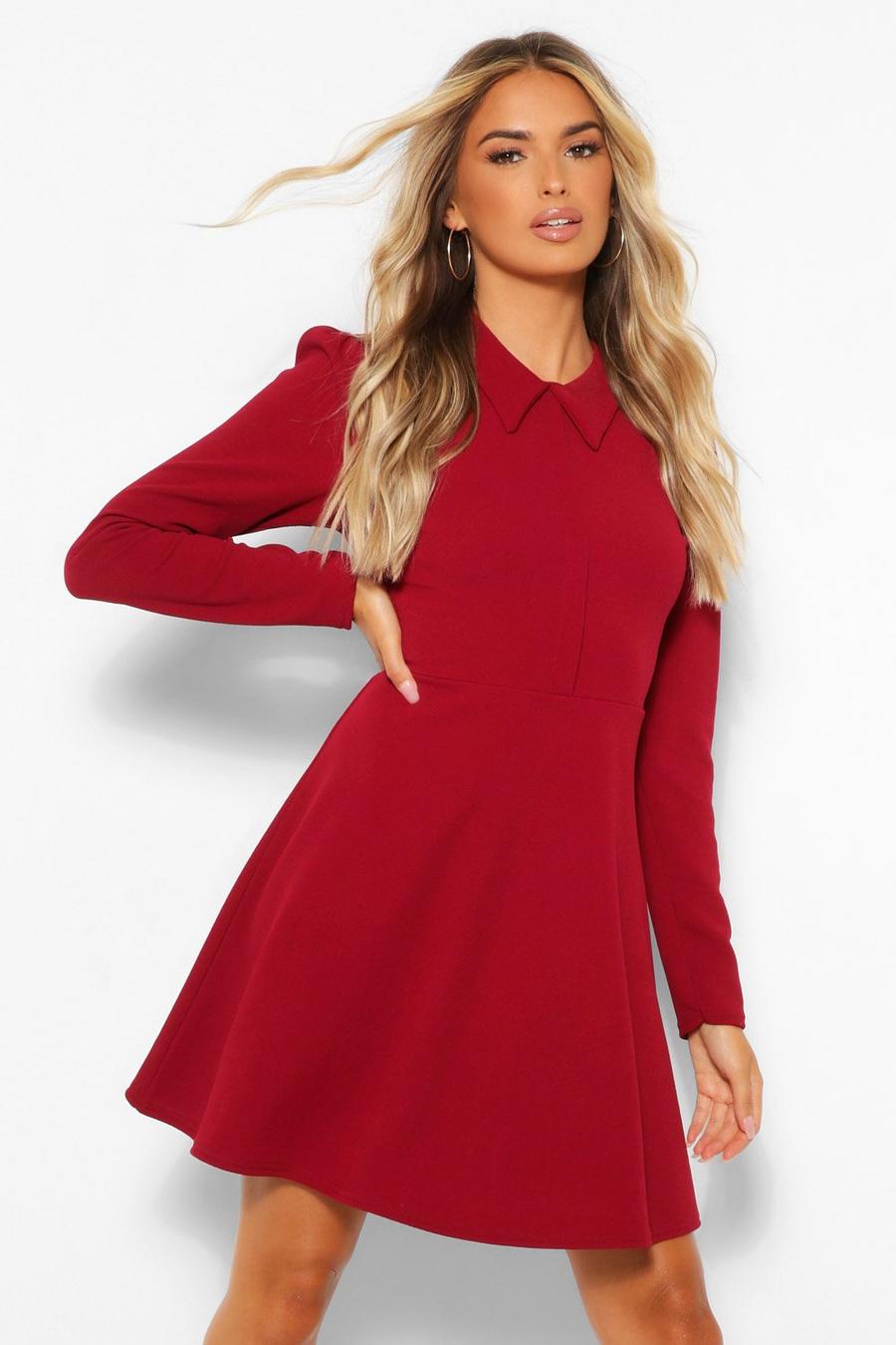 Burgundy red Long Sleeve Collared Skater Dress image number 1