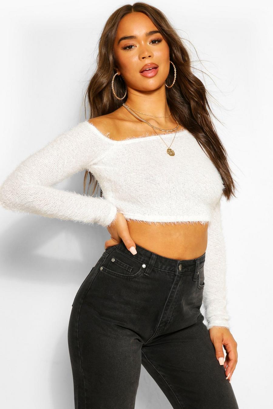 Fluffy Knit Asymmetric Crop Sweater image number 1
