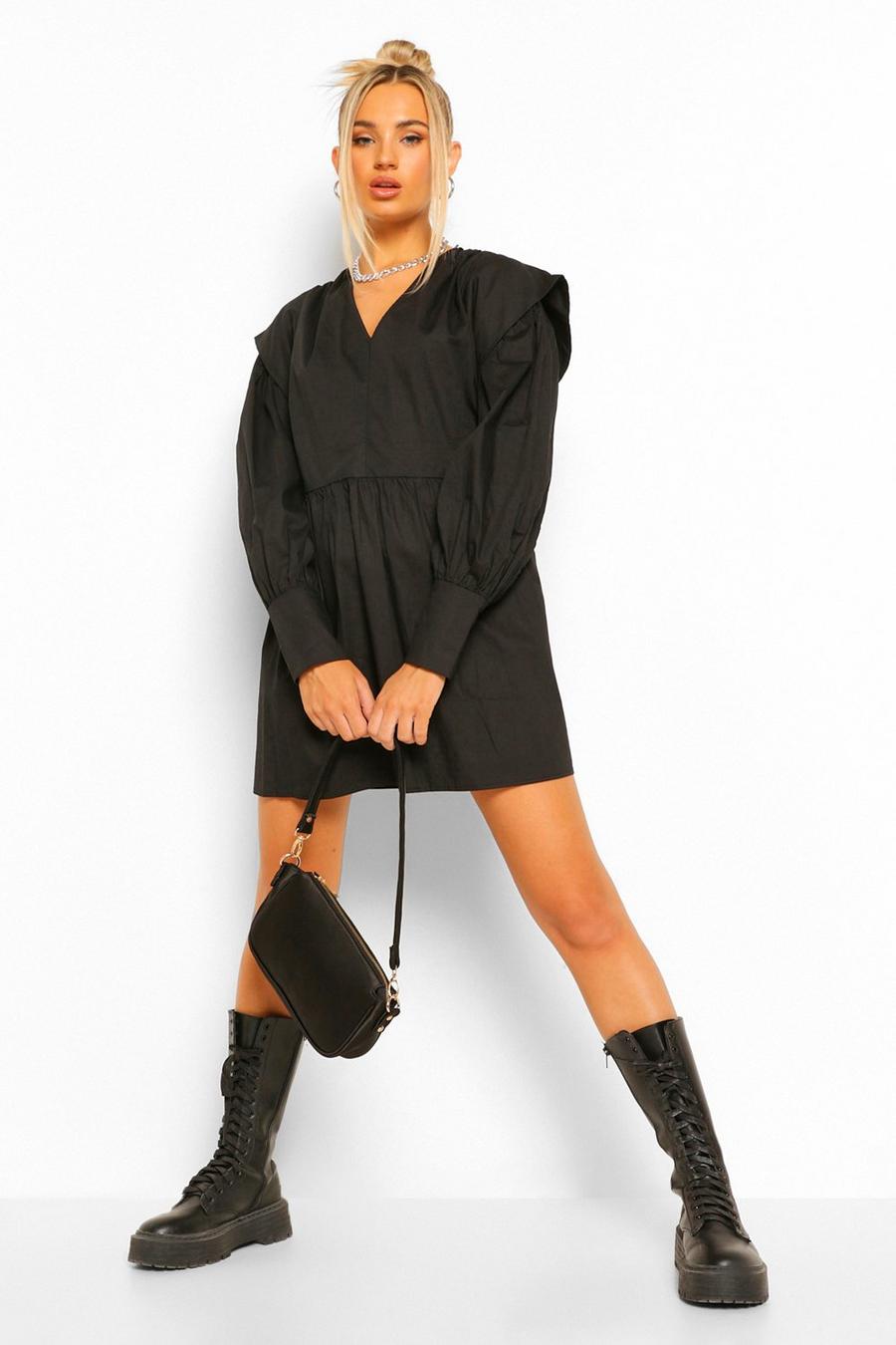 Vestido estilo blusón de algodón con hombros extremos, Negro image number 1
