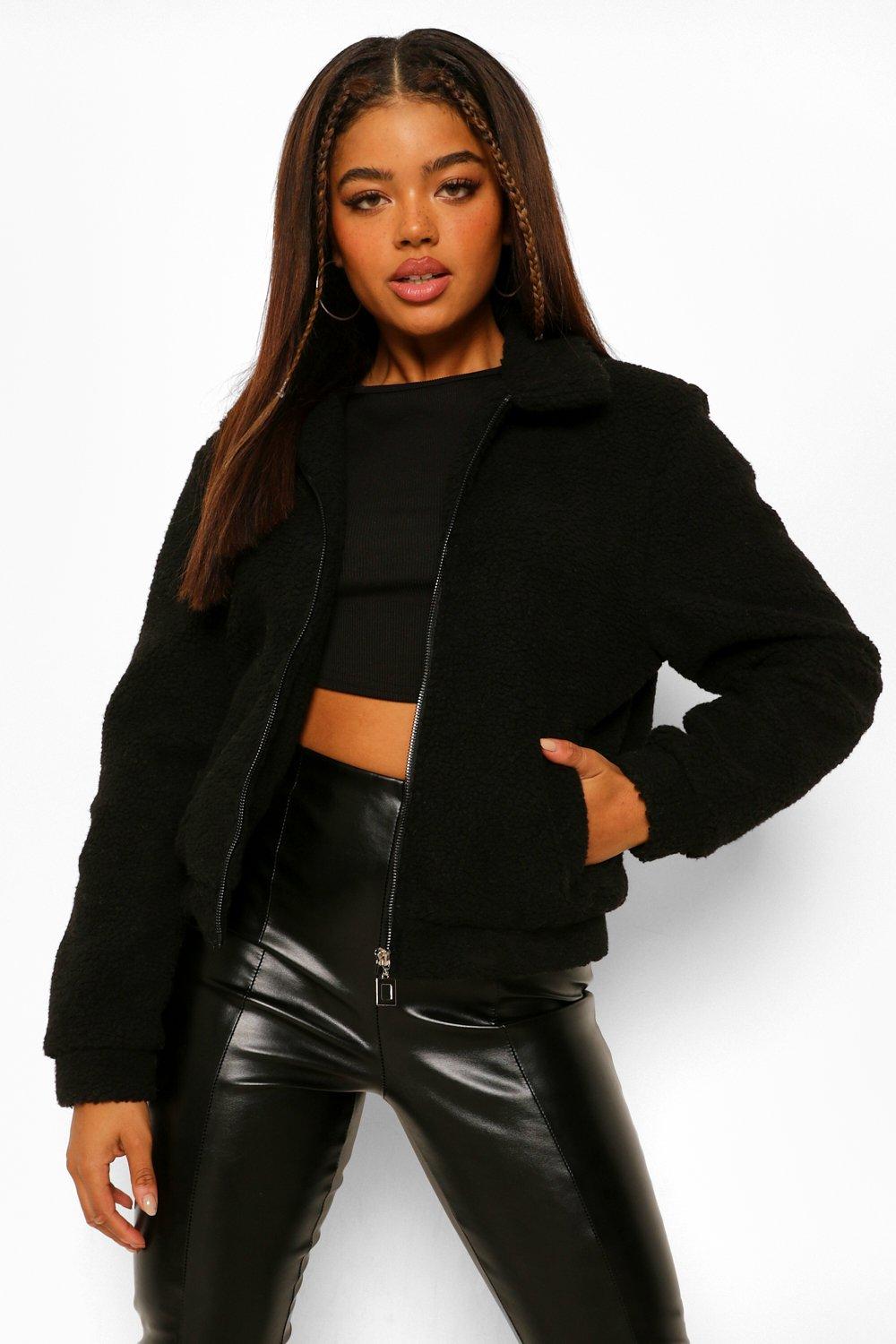 Black faux fur bomber jacket womens best sale