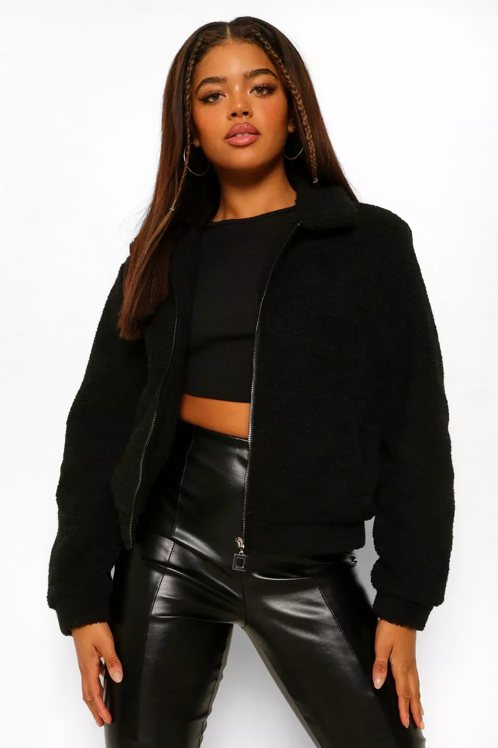 Crop Teddy Faux Fur Bomber Jacket